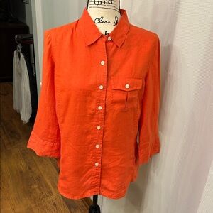 Talbots Women’s Bright Orange Irish Line Button Down Shirt, Small, Roll Sleeves